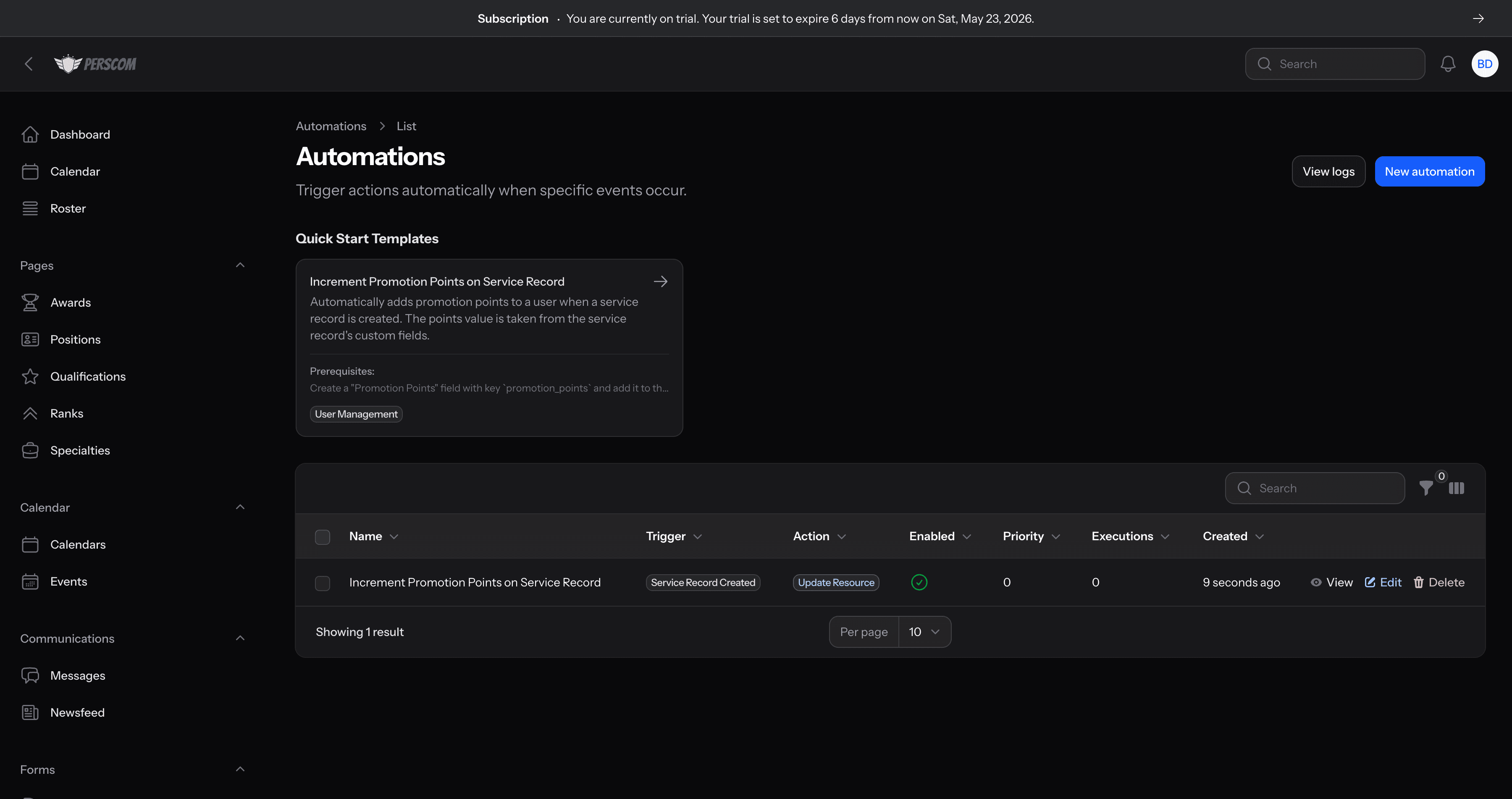 PERSCOM Automations dashboard with quick-start templates