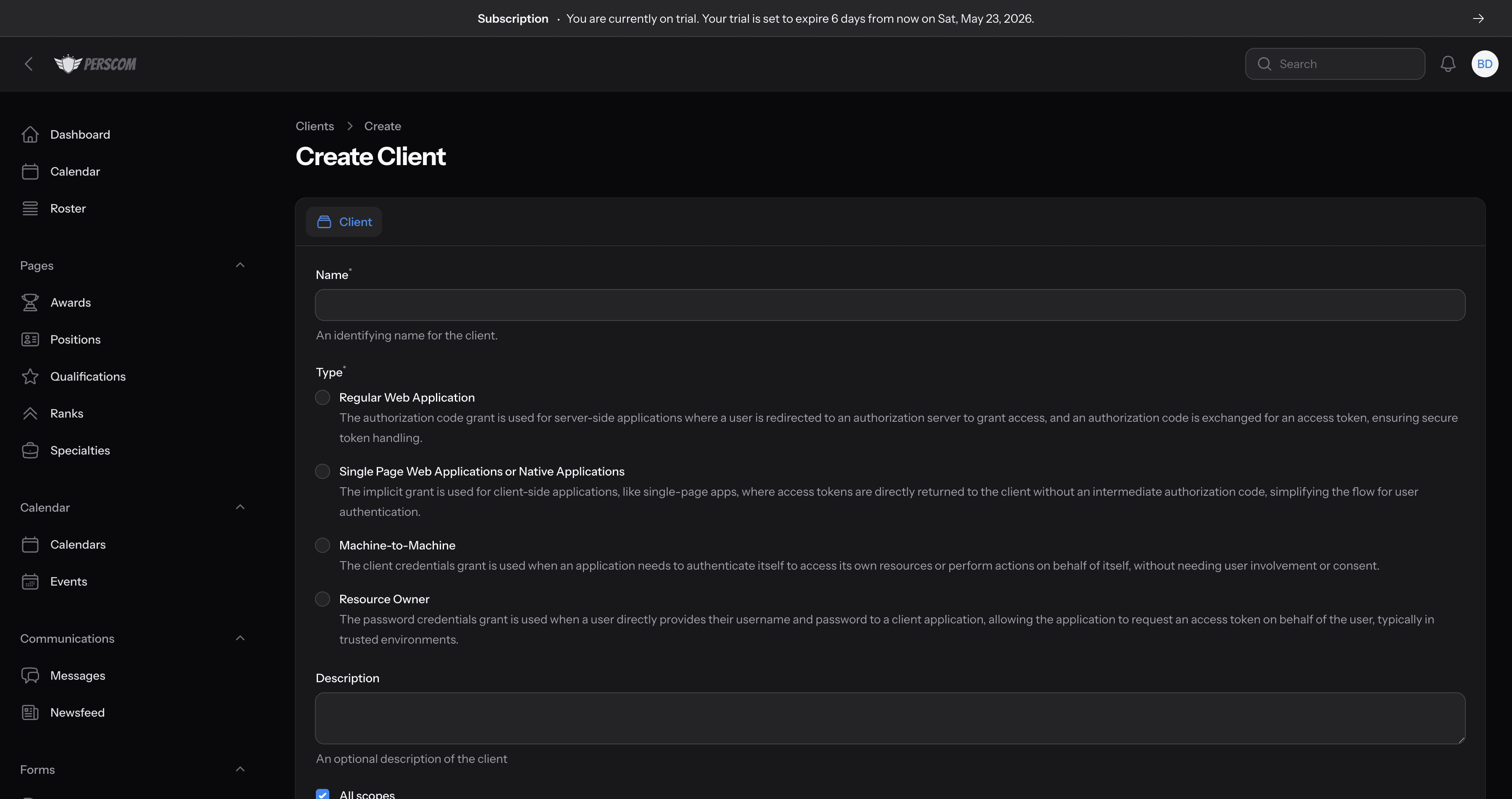 OAuth client creation