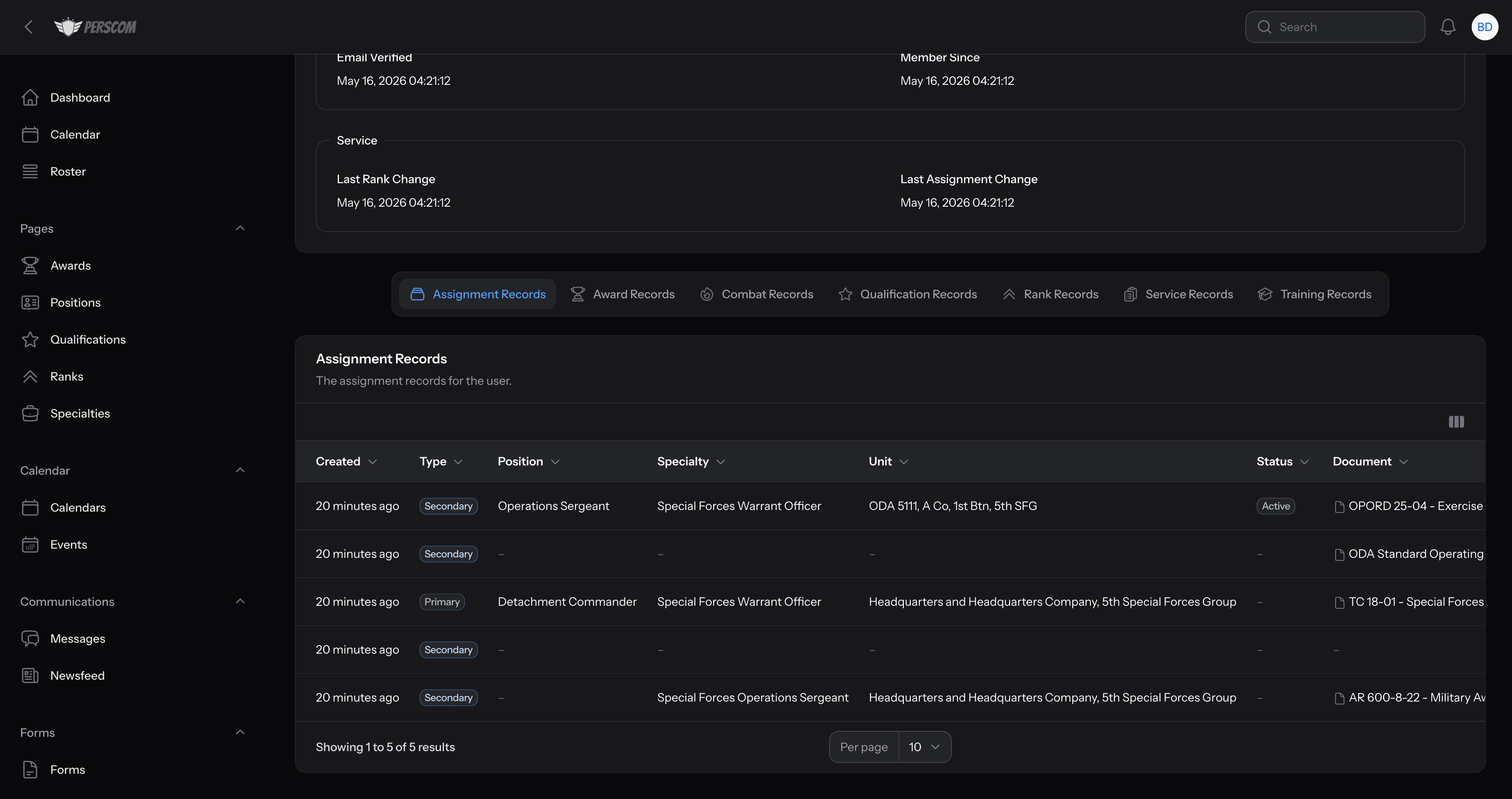 Personnel record with assignment history and record-type sub-tabs